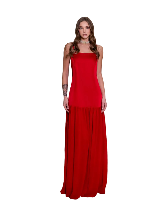 Red Premium Satin Windy Chiffon Maxi Dress Evening Gown
