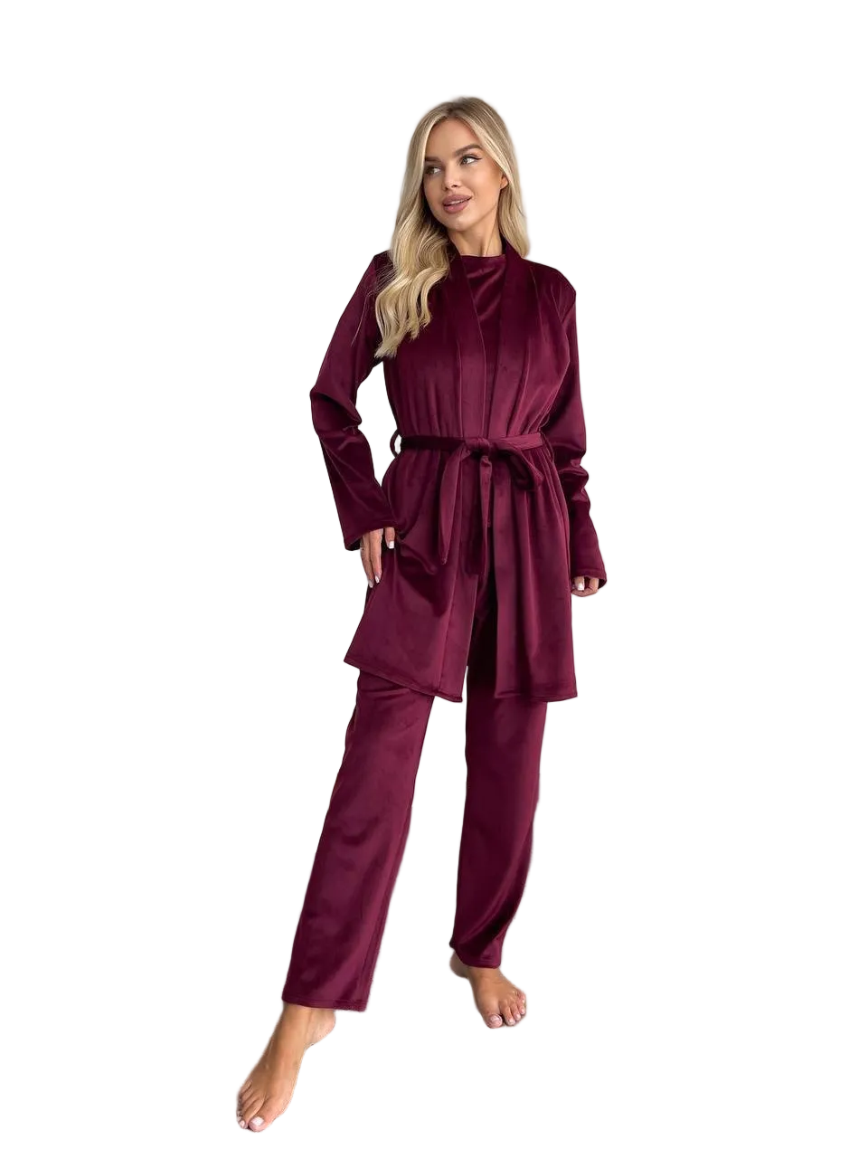 Burgundy Women Three Piece Pajama Set Soft Stretch Lounge Robe Pants Top