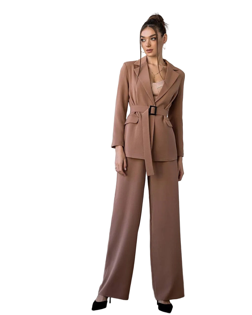 SALE Womens Camel Crepe Diagonal Premium Belted Blazer Suit with Wide Leg Trousers