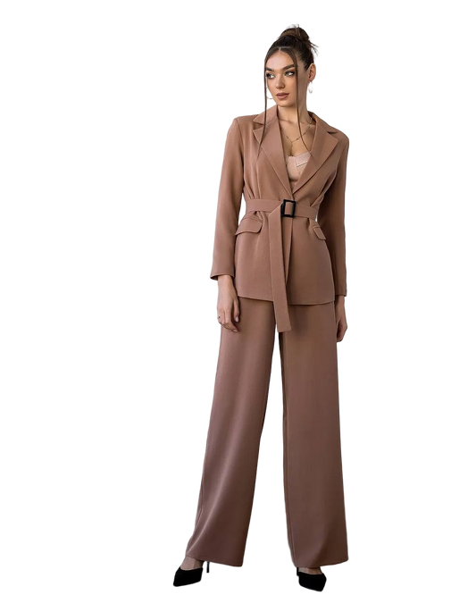 Womens Camel Crepe Diagonal Premium Belted Blazer Suit with Wide Leg Trousers