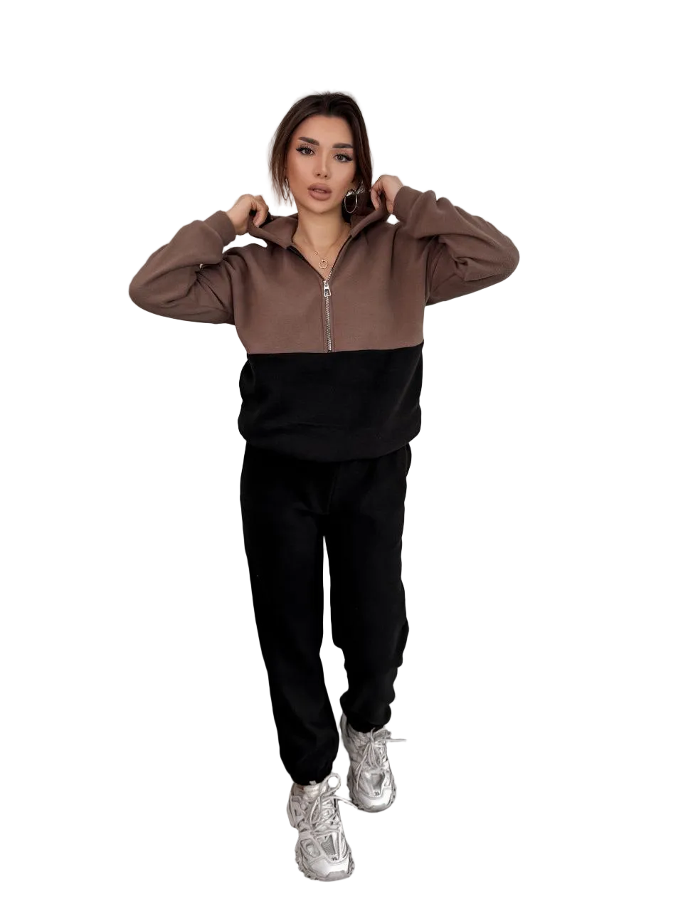 Two Tone Brown Black Polar Fleece Tracksuit Women Zip Hoodie Jogger Set