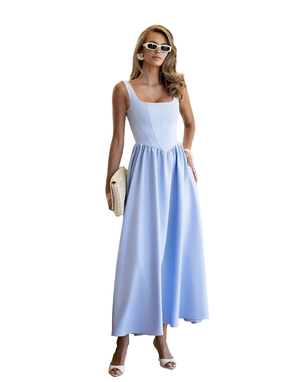 Light Blue Tea Length Dress Premium Suiting Crepe Diagonal Sleeveless Square Neckline Elegant Summer Dress