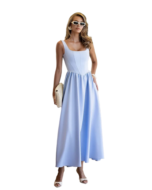 Light Blue Tea Length Dress Premium Suiting Crepe Diagonal Sleeveless Square Neckline Elegant Summer Dress