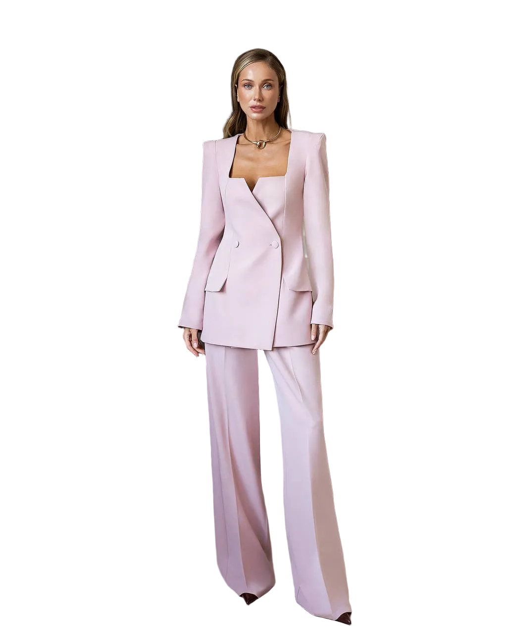 Womens Blush Pink Suit Set Premium Crepe Diagonal Blazer Trousers