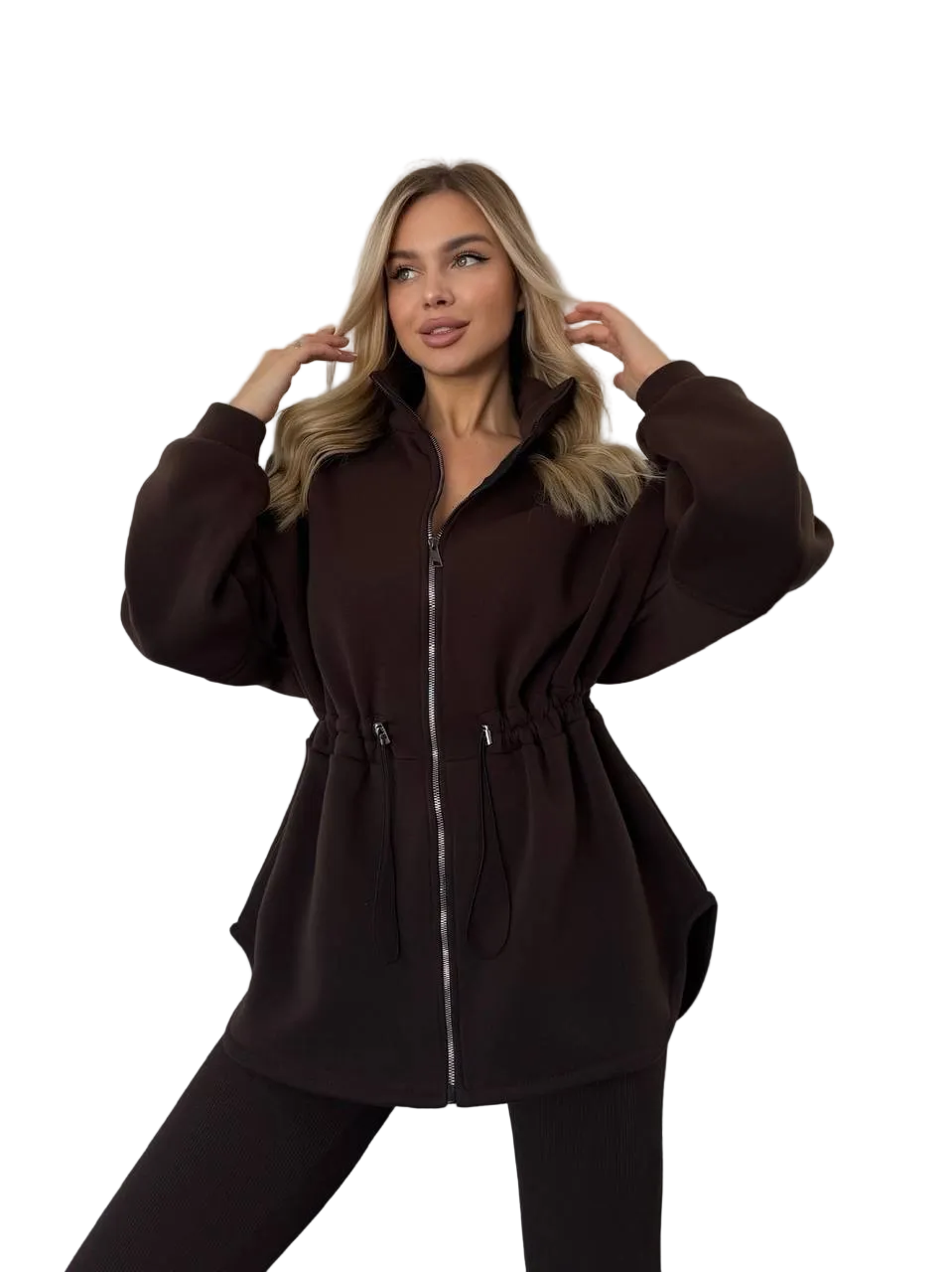 Brown Fleece Zip Sweater with Drawstring Waist