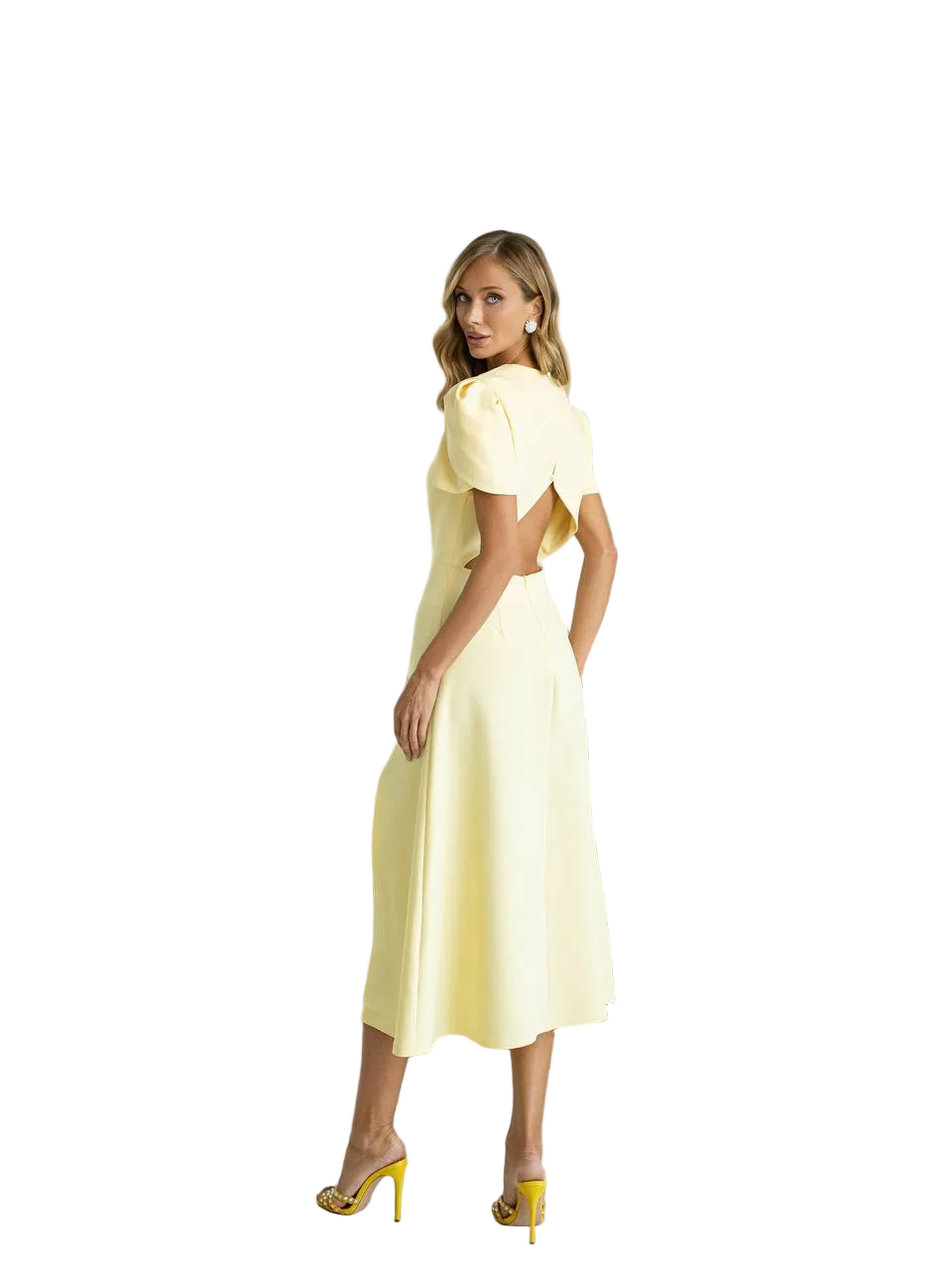Elegant Midi Dress Cutout Back Puff Sleeves Diagonal Crepe