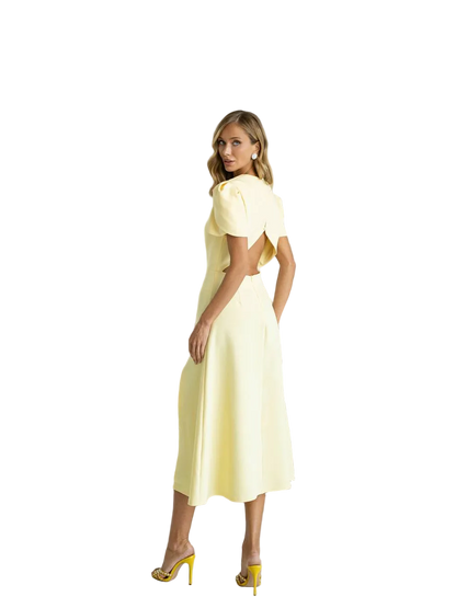 Elegant Midi Dress Cutout Back Puff Sleeves Diagonal Crepe