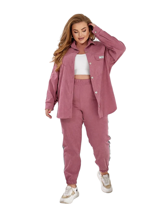 Women Two Piece Casual Suit Dusty Rose Oversized Shirt Jogger Set