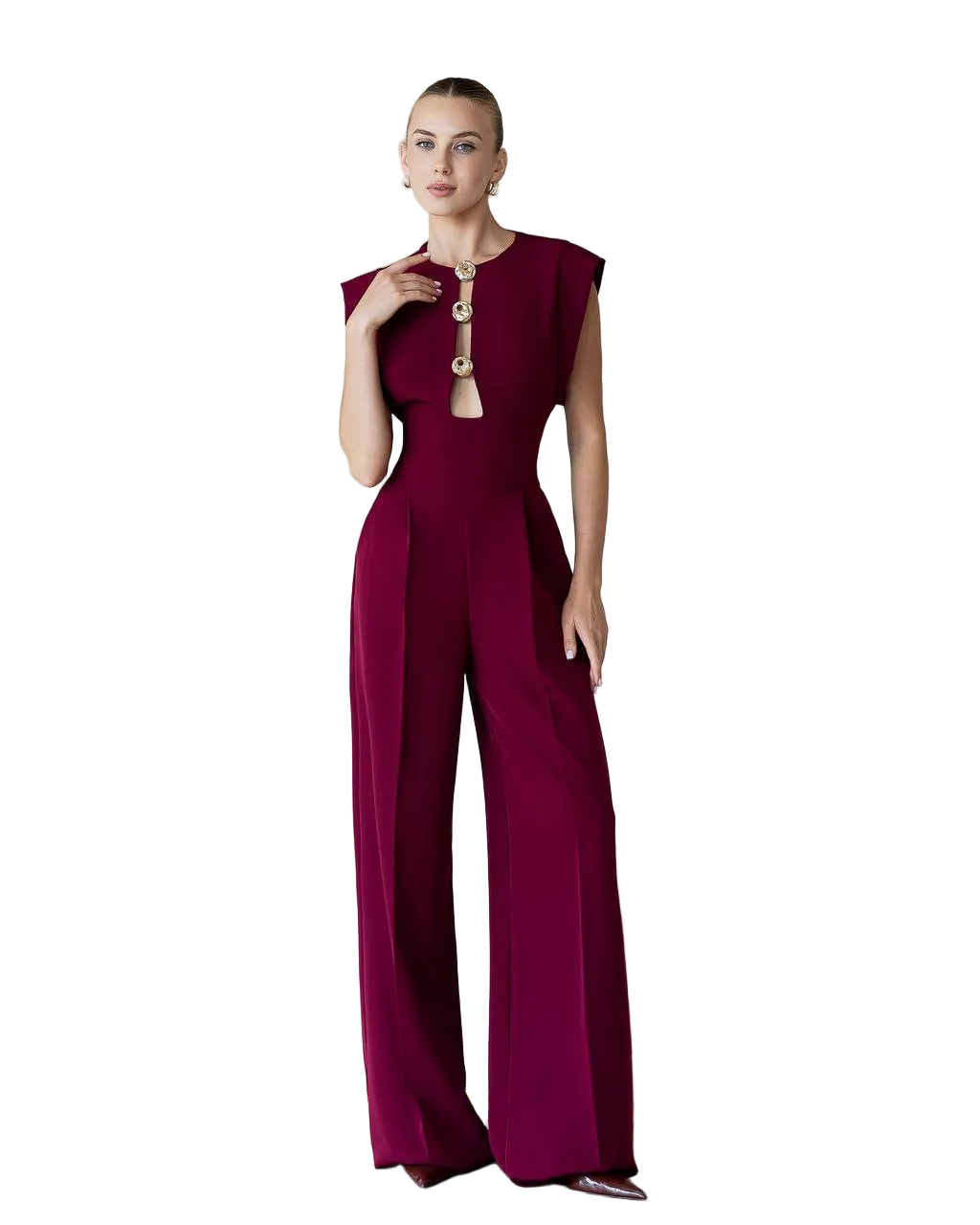 Womens Tailored Wide Leg Jumpsuit with Keyhole Neckline