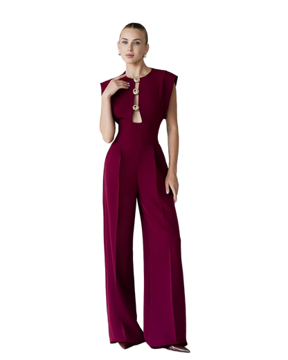 Womens Tailored Wide Leg Jumpsuit with Keyhole Neckline