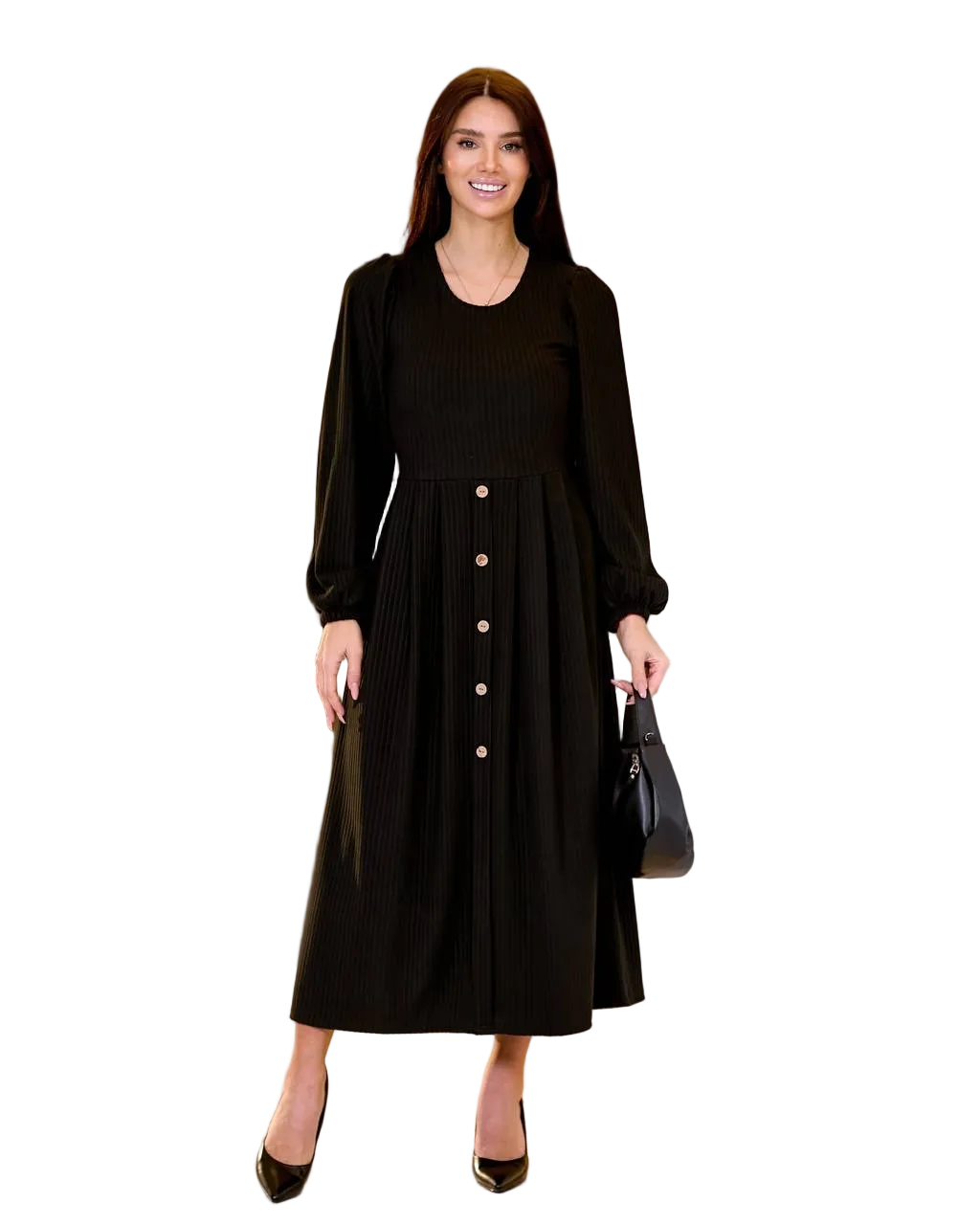 Black Ribbed Midi Dress with Button Front and Long Sleeves