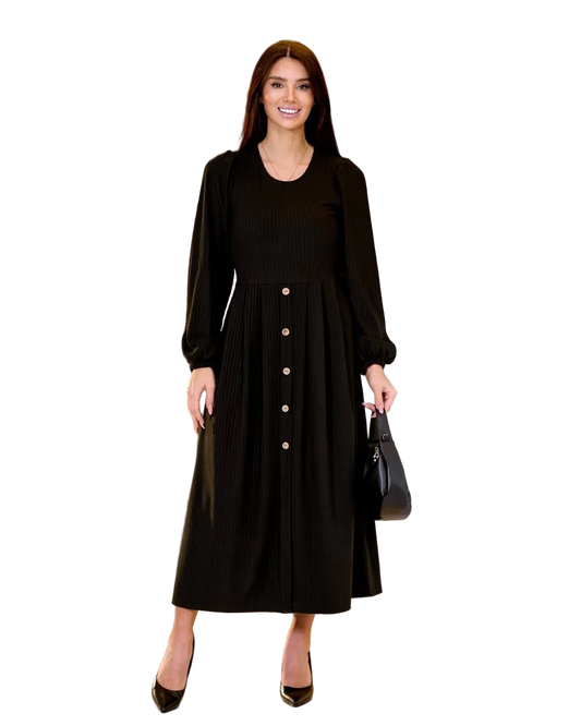 Black Ribbed Midi Dress with Button Front and Long Sleeves