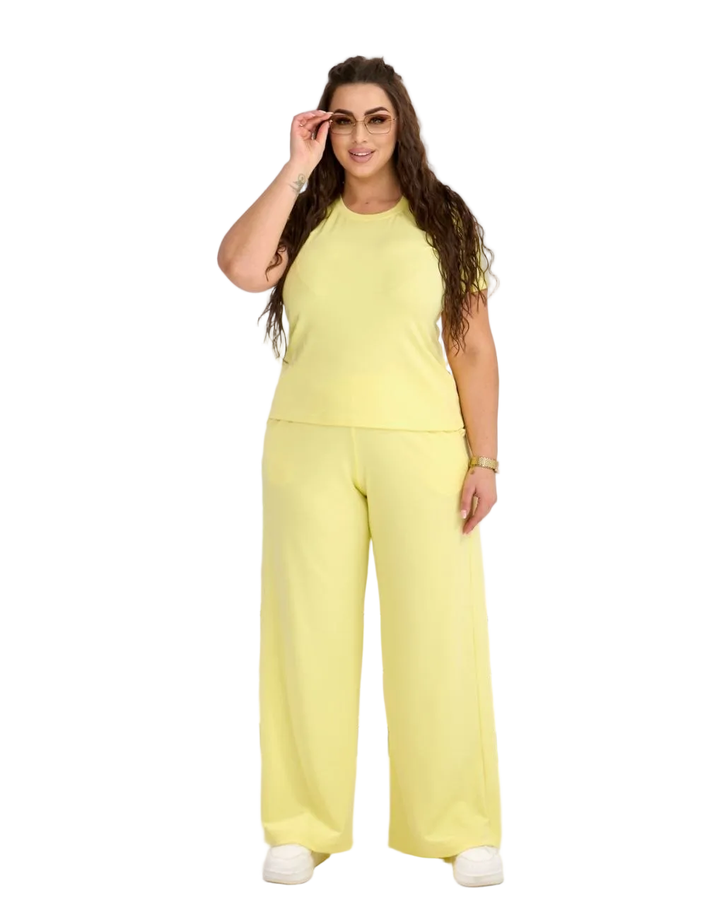 Plus Size Lemon Yellow Tracksuit Women Microdiving Soft T Shirt Wide Leg Pants Loungewear
