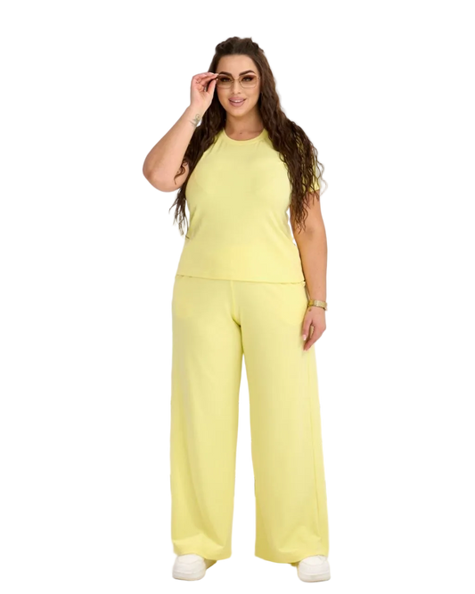 Plus Size Lemon Yellow Tracksuit Women Microdiving Soft T Shirt Wide Leg Pants Loungewear