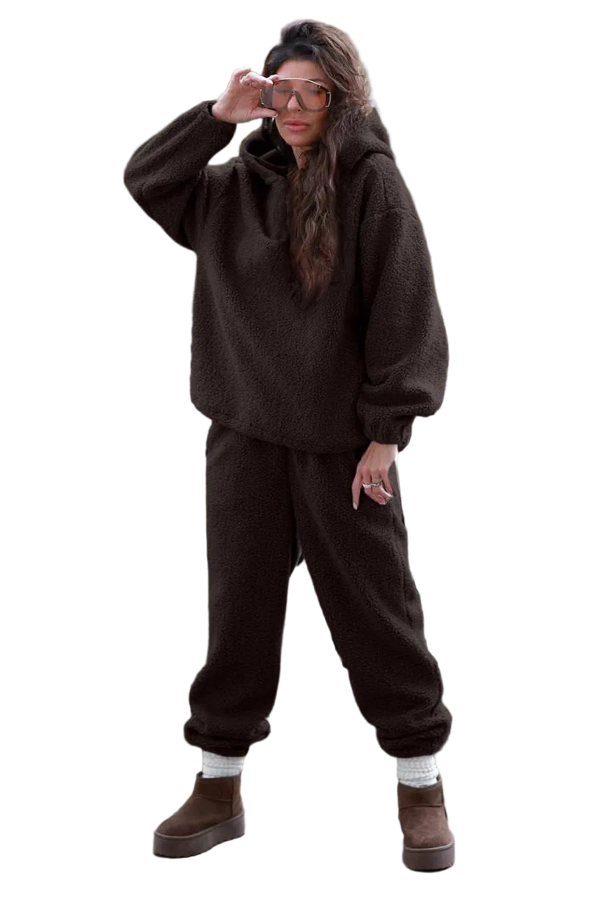 Oversize Teddy Suit Fleece Set Brown Hooded Tracksuit