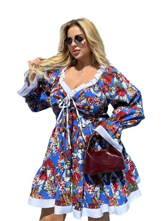 Womens Blue Floral Tie Front Dress Ruffle Neck Off Shoulder Lace Up Back