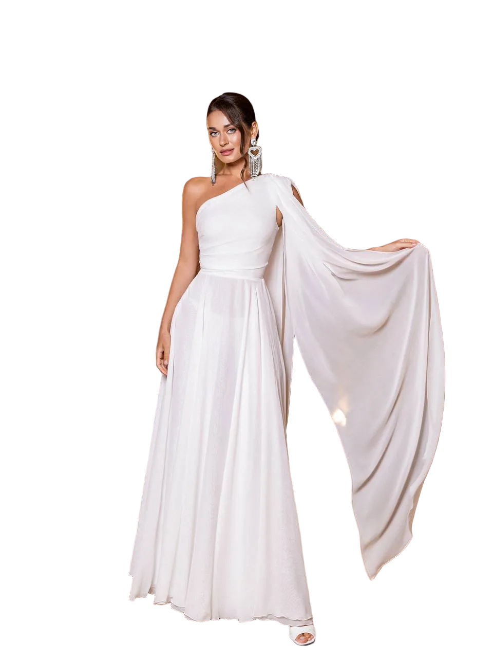 White Chiffon One Shoulder Evening Gown Draped Cape Sleeve