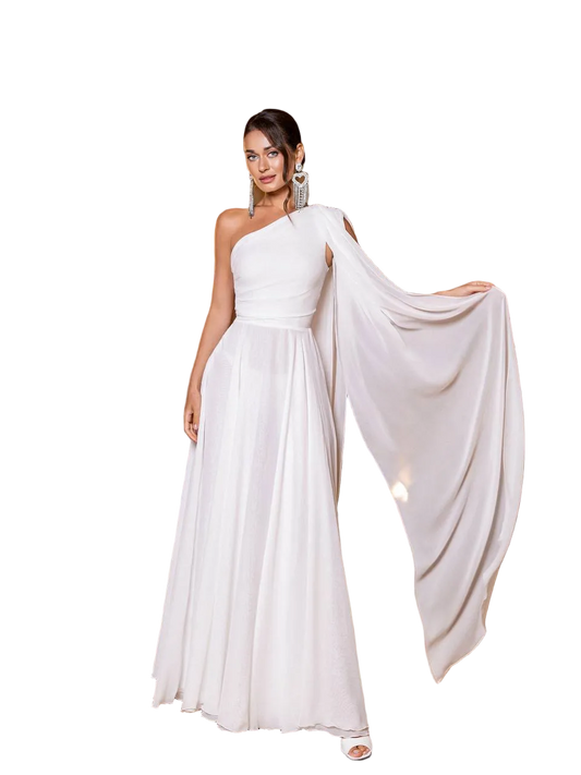 White Chiffon One Shoulder Evening Gown Draped Cape Sleeve