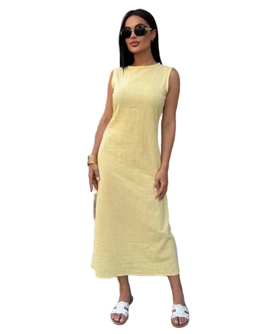 Sleeveless Linen Midi Dress Cafe Breathable Summer Crinkle Fabric