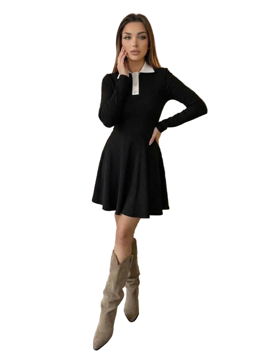 Black Ribbed Knit Dress White Collar Long Sleeve Fit and Flare