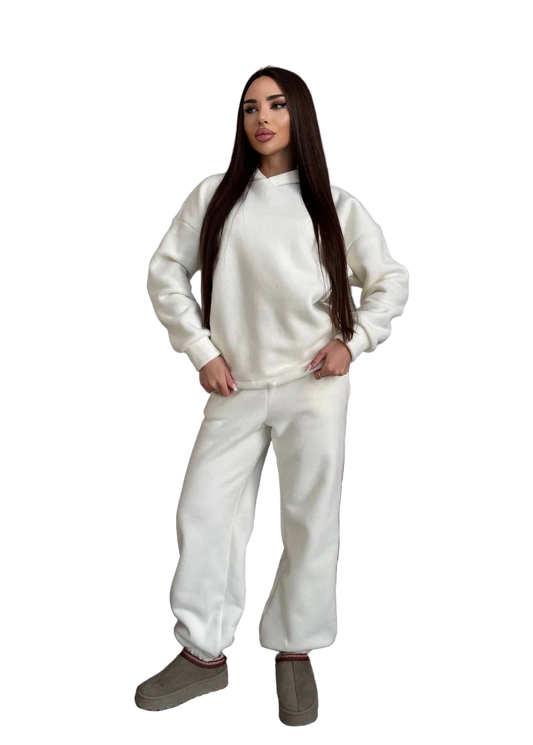 Womens Ivory Polar Fleece Tracksuit Set Oversized Hoodie and Sweatpants