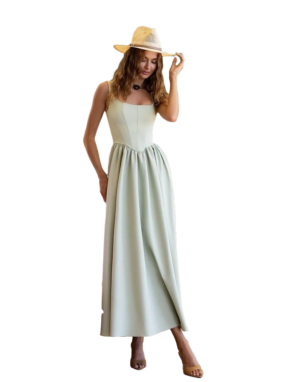 Sage Green Sleeveless Maxi Dress Premium Suiting Crepe Diagonal Corset Bodice