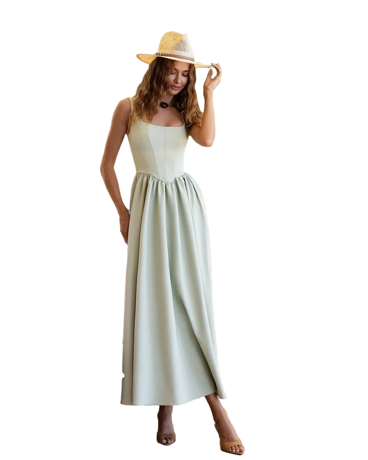 Sage Green Sleeveless Maxi Dress Premium Suiting Crepe Diagonal Corset Bodice