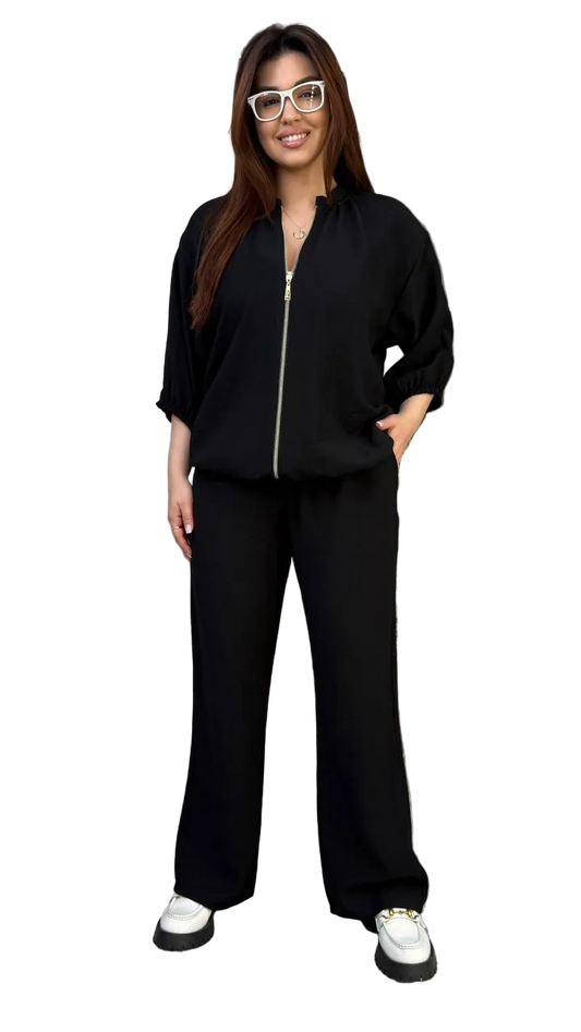 Womens Two Piece Suit Linen Viscose Black Palazzo Pants Zip Jacket