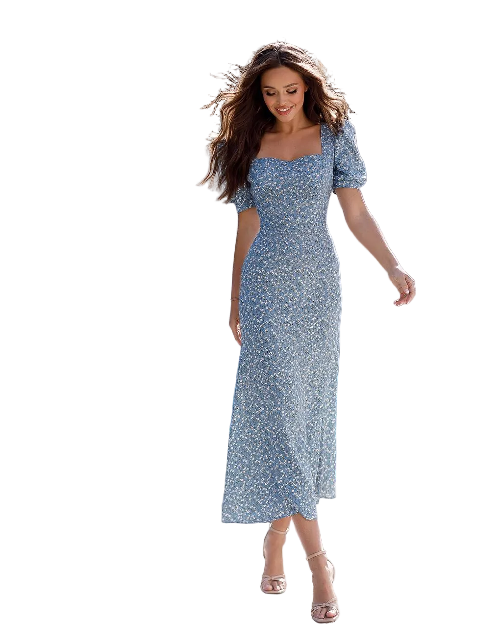 Womens Floral Midi Dress with Square Neck and Puff Sleeves