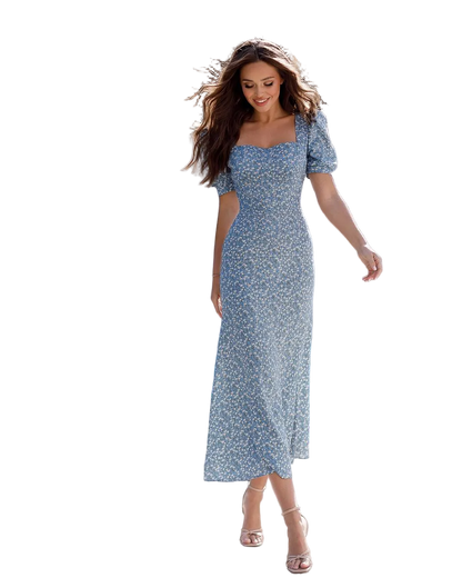 Womens Floral Midi Dress with Square Neck and Puff Sleeves