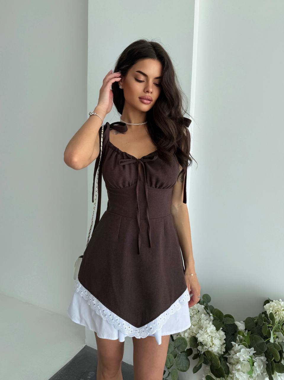 Brown Linen Mini Dress with Adjustable Tie Straps and Hidden Side Zipper