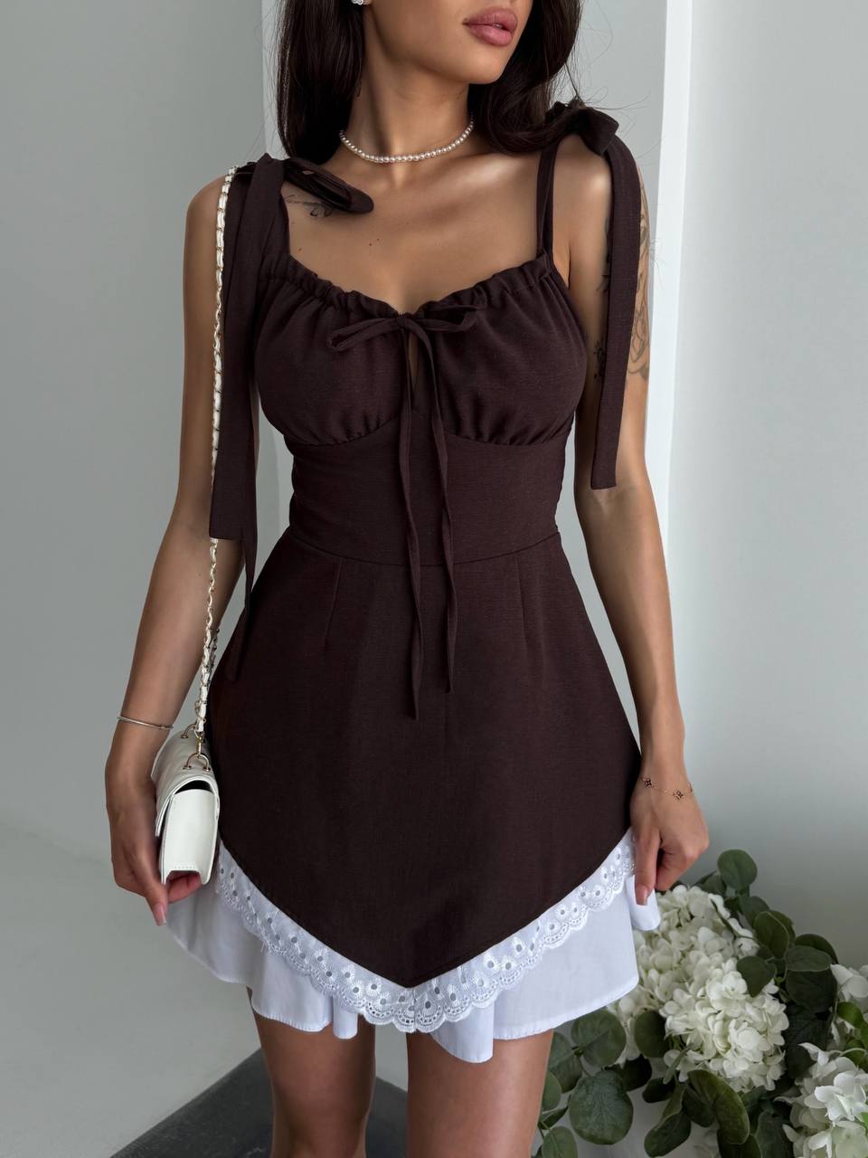 Brown Linen Mini Dress with Adjustable Tie Straps and Hidden Side Zipper