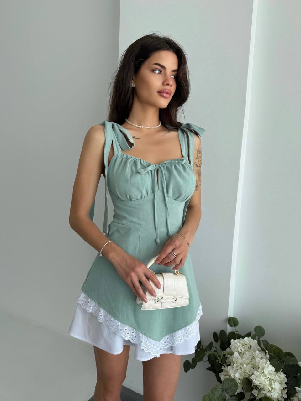 Linen Mini Dress with Adjustable Tie Straps and Side Zipper