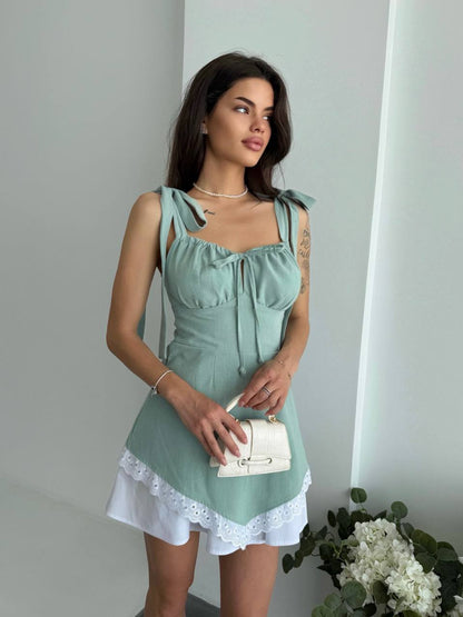 Linen Mini Dress with Adjustable Tie Straps and Side Zipper