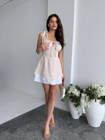 Beige Linen Tie Shoulder Mini Dress with Hidden Side Zipper