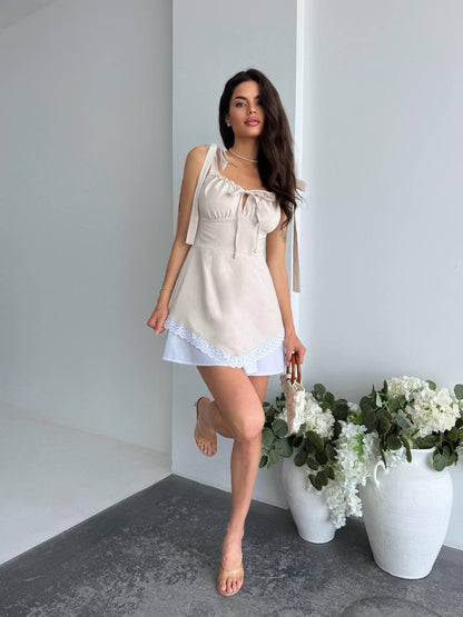 Beige Linen Tie Shoulder Mini Dress with Hidden Side Zipper