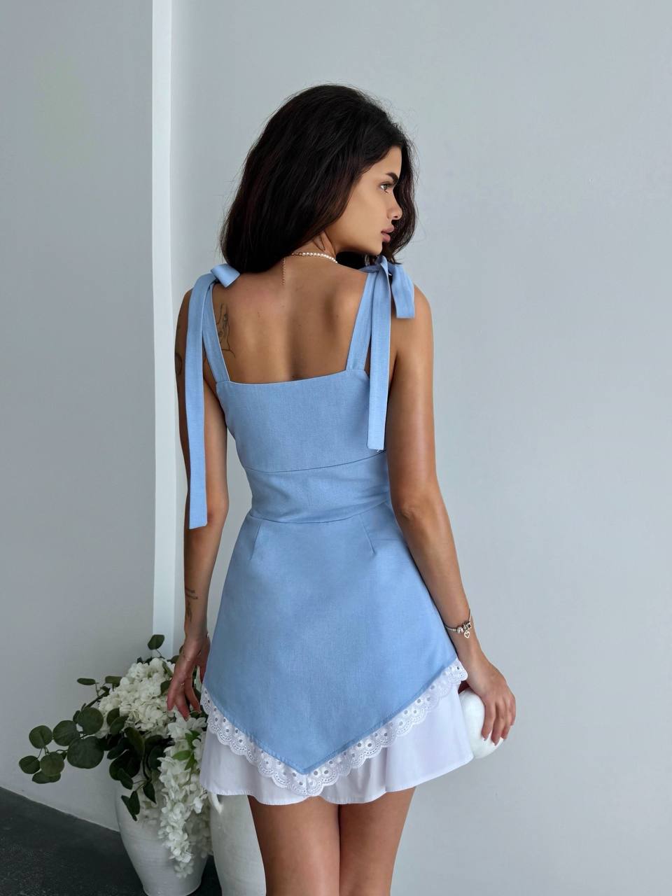 Light Blue Linen Sundress with Adjustable Tie Straps and Lace Trim