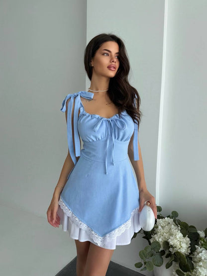 Light Blue Linen Sundress with Adjustable Tie Straps and Lace Trim