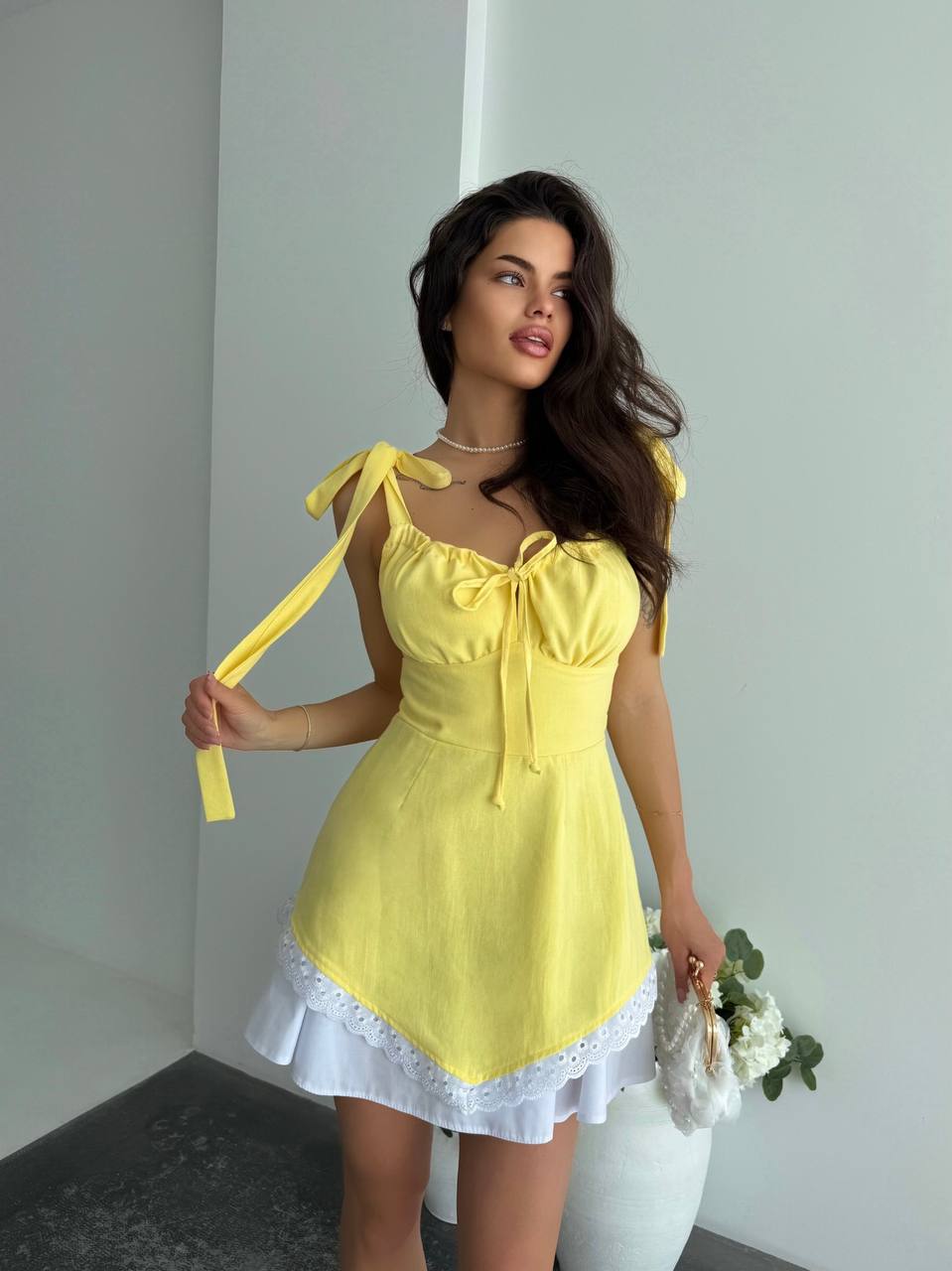 Yellow Linen Tie Strap Mini Dress Adjustable Straps Side Zipper