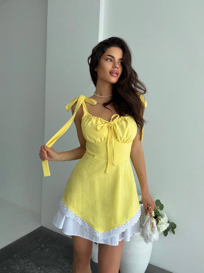 Yellow Linen Tie Strap Mini Dress Adjustable Straps Side Zipper