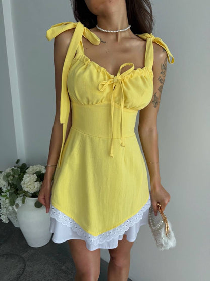 Yellow Linen Tie Strap Mini Dress Adjustable Straps Side Zipper