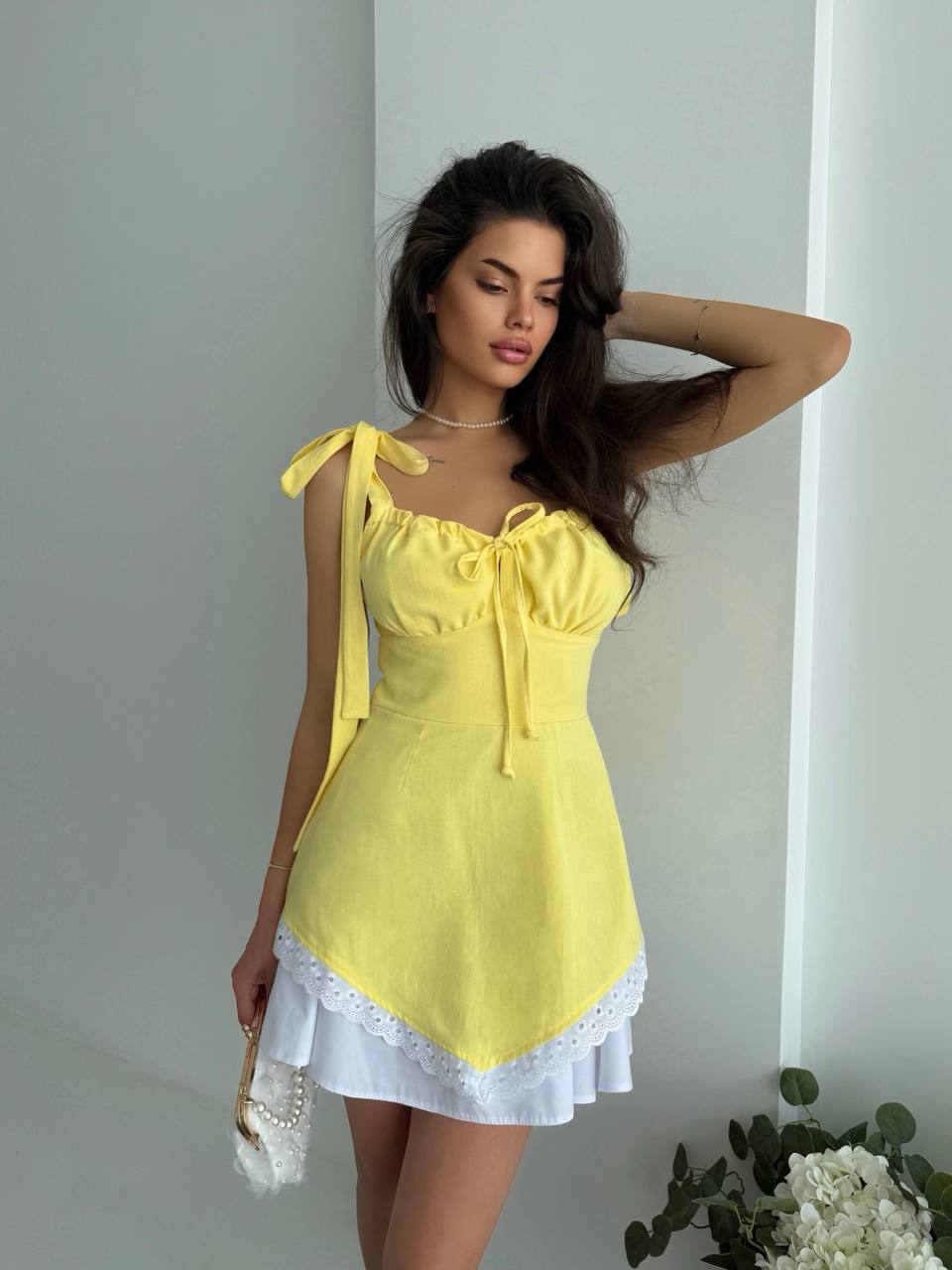 Yellow Linen Tie Strap Mini Dress Adjustable Straps Side Zipper