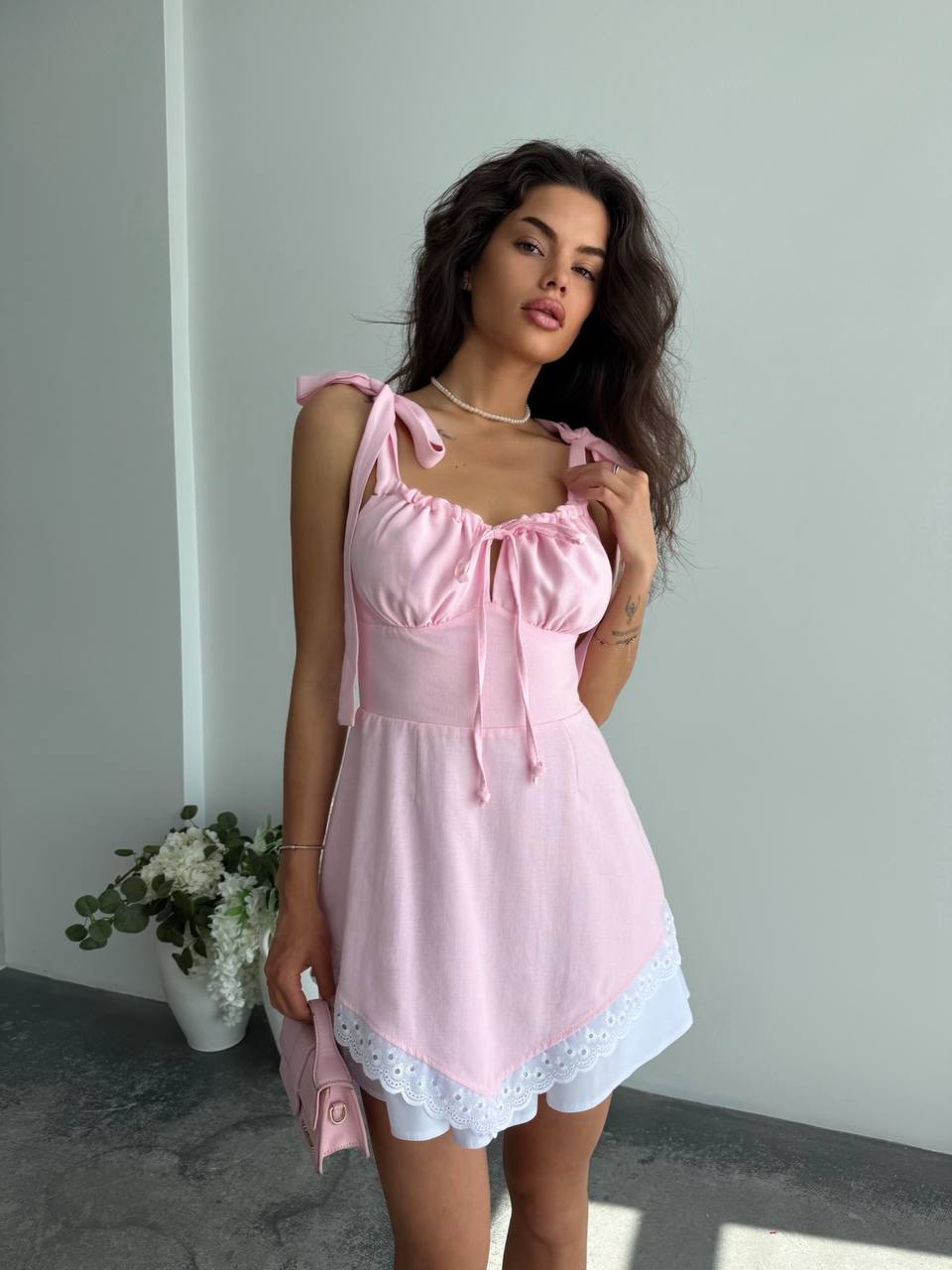 Pink Linen Dress Women Adjustable Tie Straps Hidden Side Zipper Summer Linen Dress