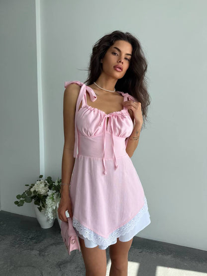 Pink Linen Dress Women Adjustable Tie Straps Hidden Side Zipper Summer Linen Dress