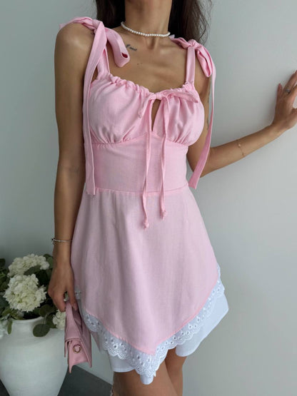 Pink Linen Dress Women Adjustable Tie Straps Hidden Side Zipper Summer Linen Dress