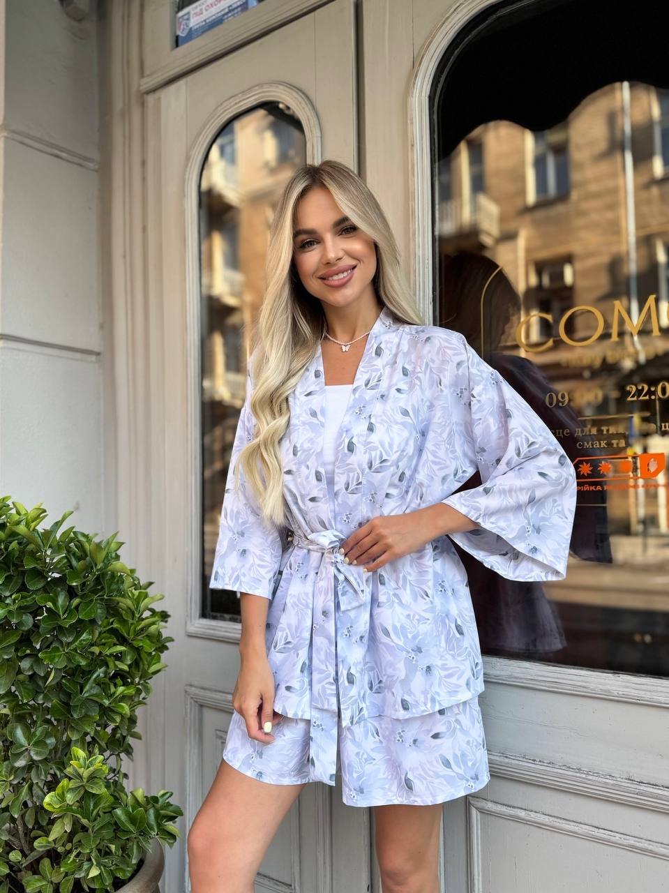 Women Two Piece Kimono Shorts Suit Light Lilac Floral Super Soft