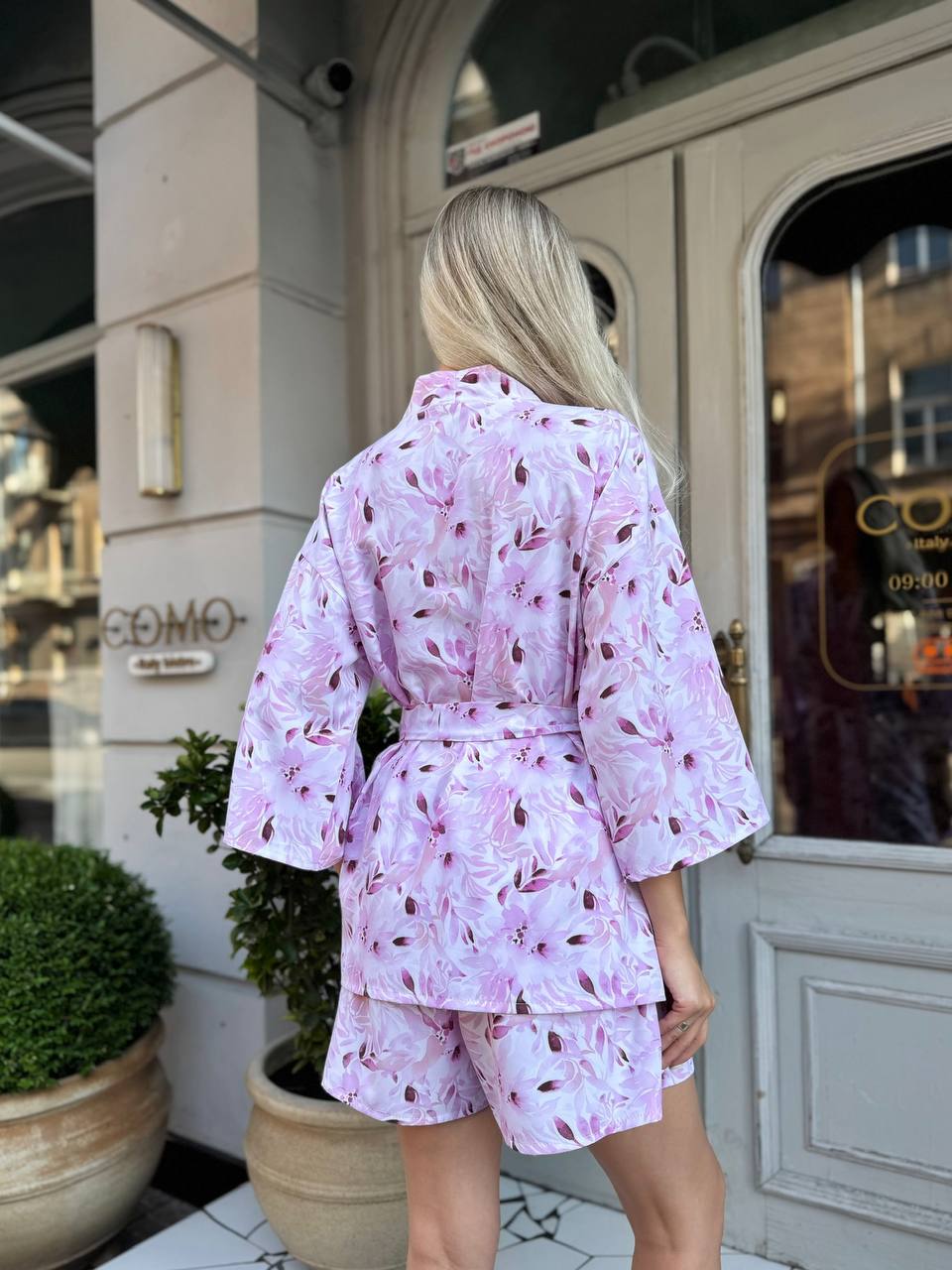Lilac Floral Kimono Two Piece Suit Women Super Soft Shorts Set