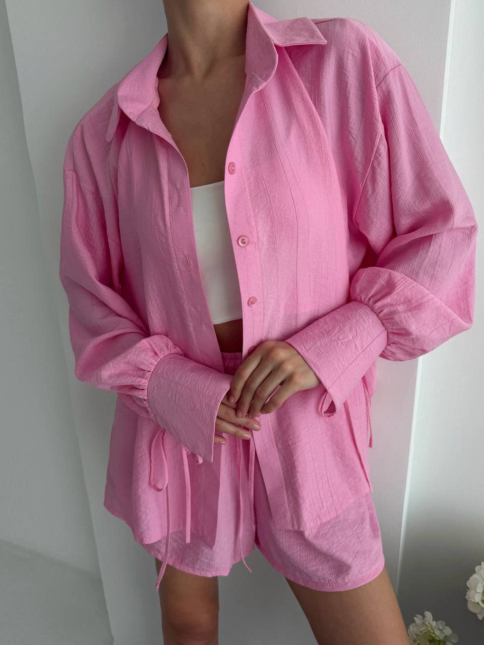 Pink Cotton Crinkle Two Piece Set Women Loose Shirt Tie Sleeves Elastic Waist Shorts