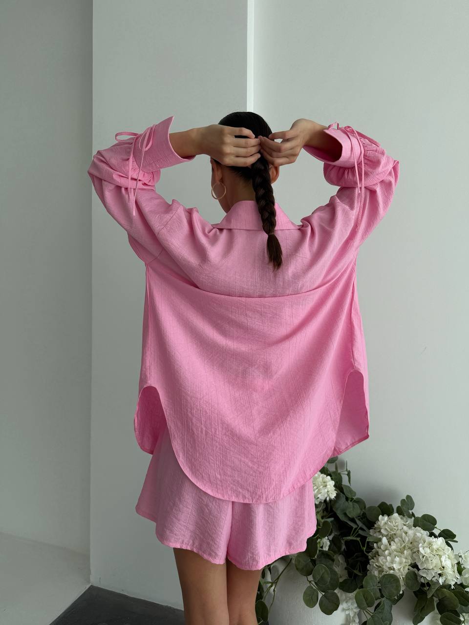 Pink Cotton Crinkle Two Piece Set Women Loose Shirt Tie Sleeves Elastic Waist Shorts