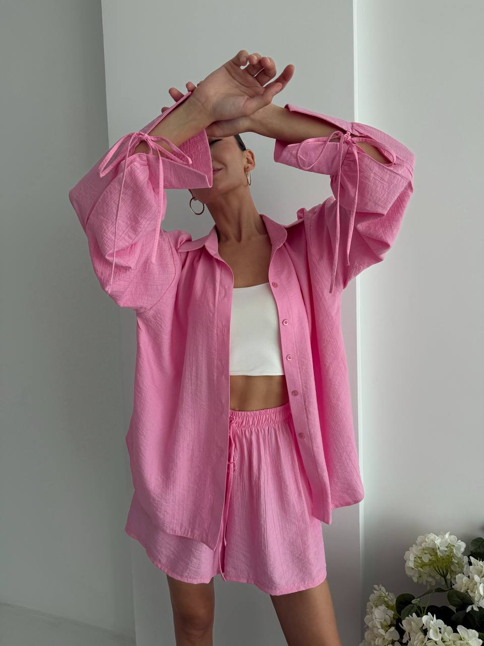 Pink Cotton Crinkle Two Piece Set Women Loose Shirt Tie Sleeves Elastic Waist Shorts